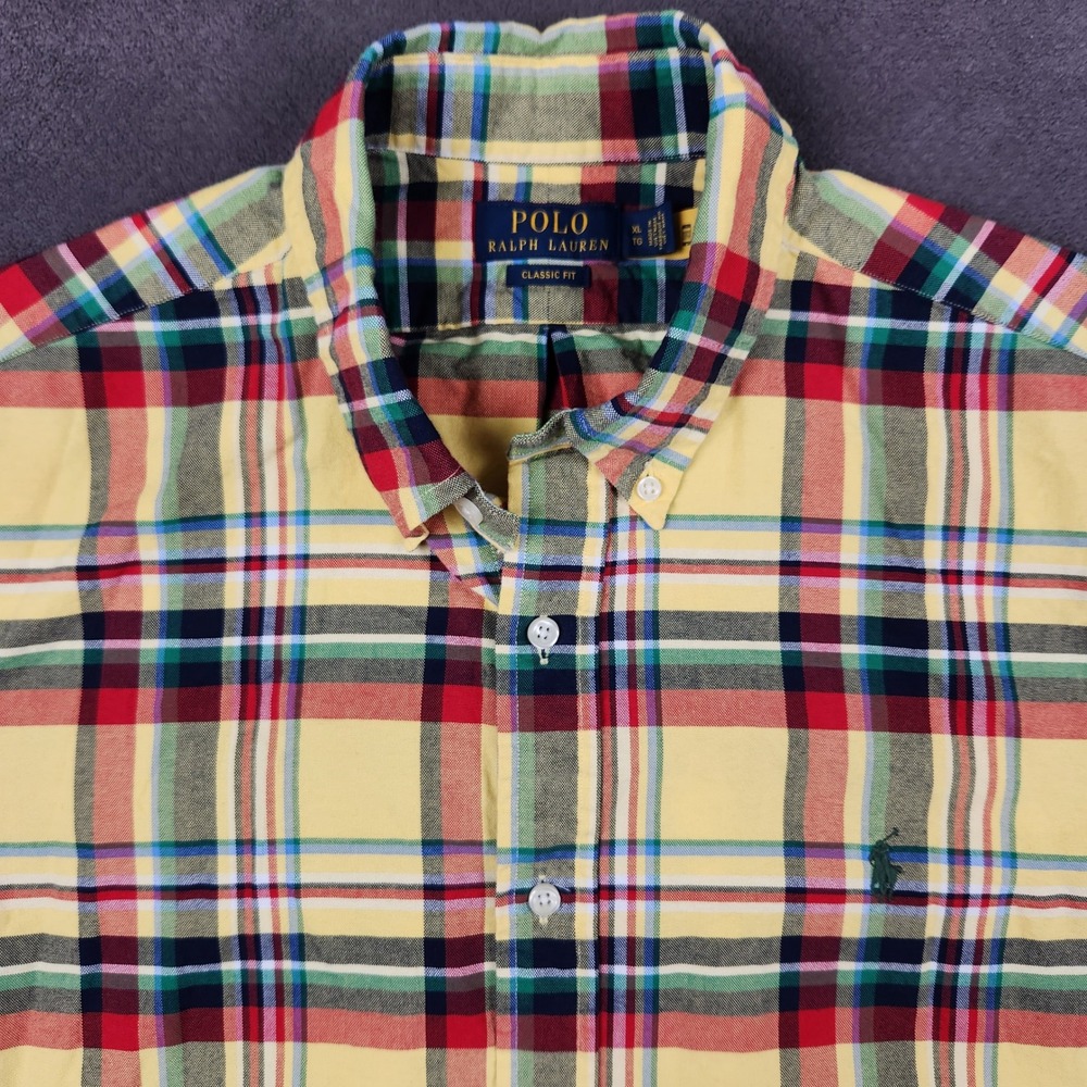 Polo Ralph Lauren Oxford Shirt Mens XL Yellow Plaid Short Sleeve Classic Button